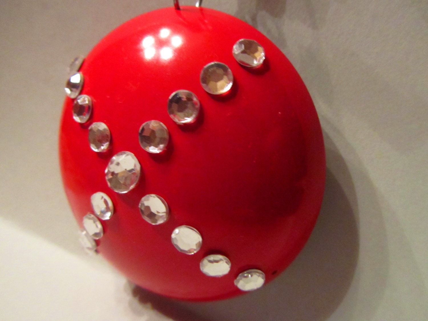 RED HANDMADE CHRISTMAS ornament with clear rhinestones (decorative hook included)