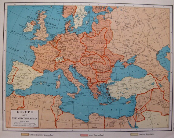 MEDITERRANEAN and EUROPE Map 1944 WARTIME Map Plaindealing