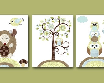 Canvas Art Print Owl Decor Owl Nursery Wall Art Baby Nursery Art Kids Room Decor Kids Art set of 3 Hedgehog Tree Owl Nursery Blue Green/