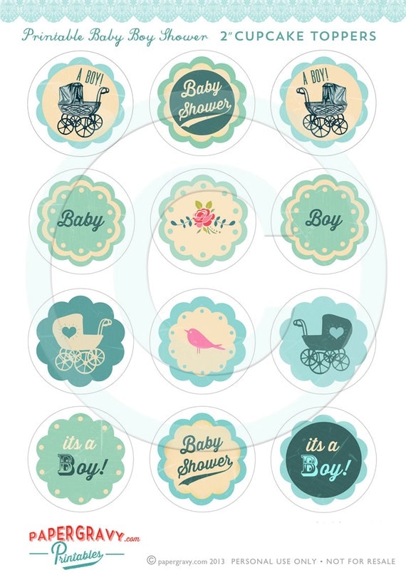 Printable baby boy shower cupcake toppers by papergravy | Catch My Party