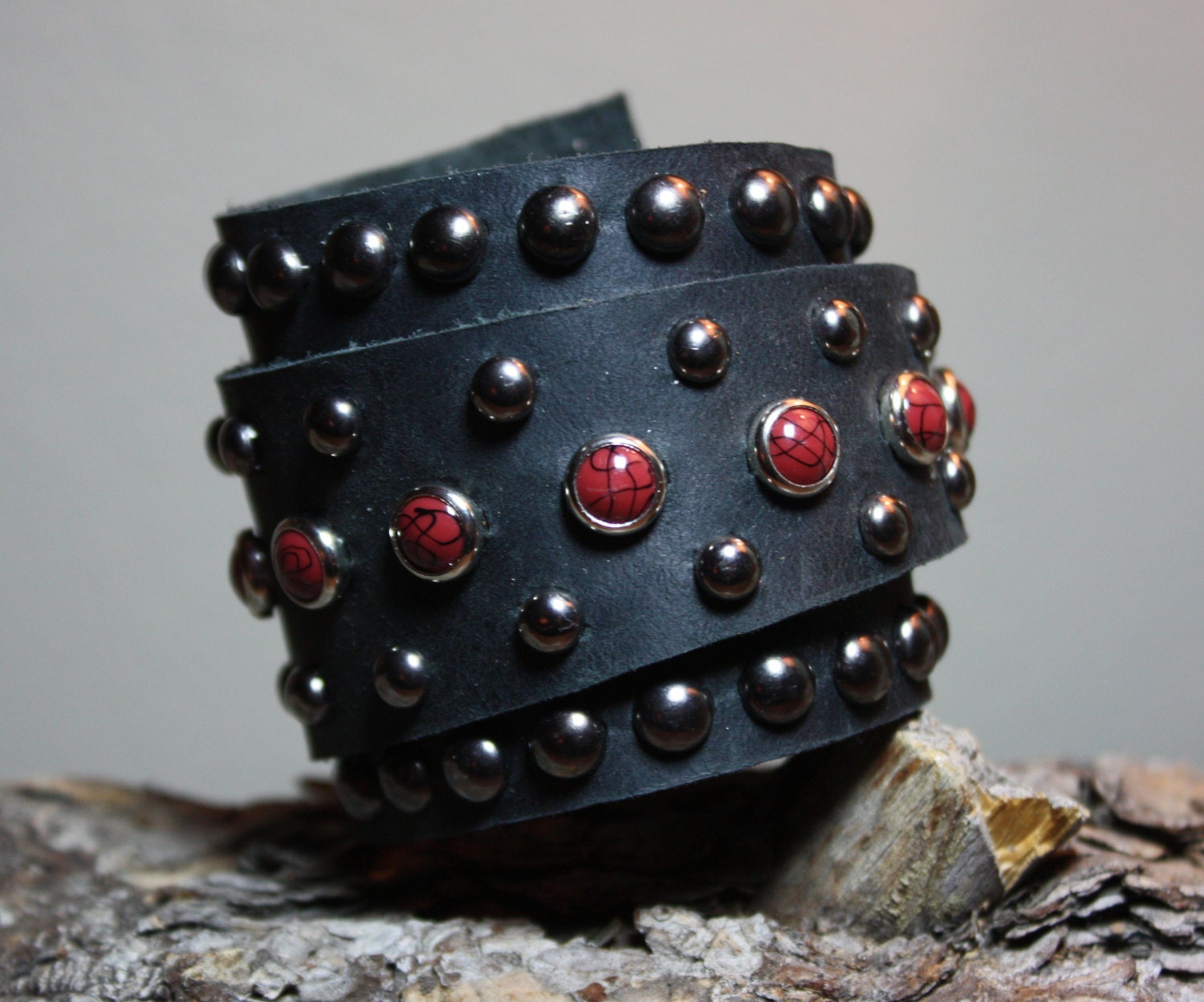 Black Leather Wrap Cuff with Burgundy by SMartCreationsbySara