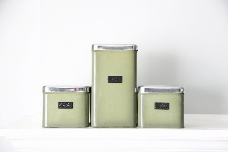 Vintage Aluminum Canister Set Sage Green 1960s