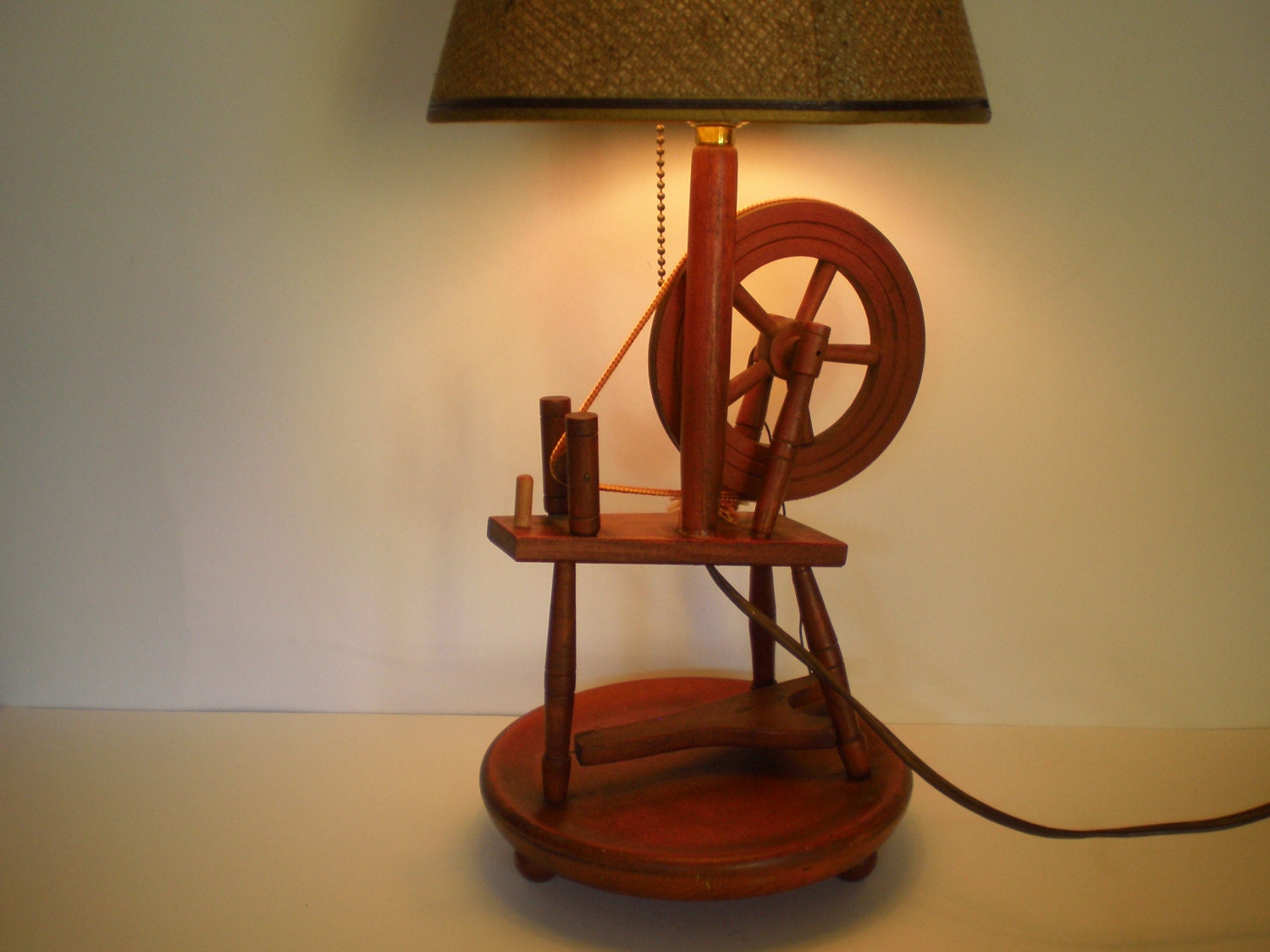 Wood Spinning Wheel Lamp Retro Light Lighting Burlap Shade