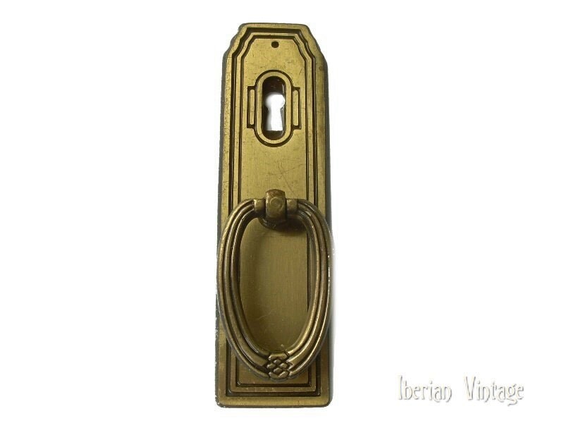 Art Deco Solid Brass Escutcheon Plate, Antique Key Plate with Pull