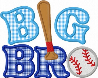 Instant Download Big Brother With Baseball Applique Machine Embroidery Design NO:1289