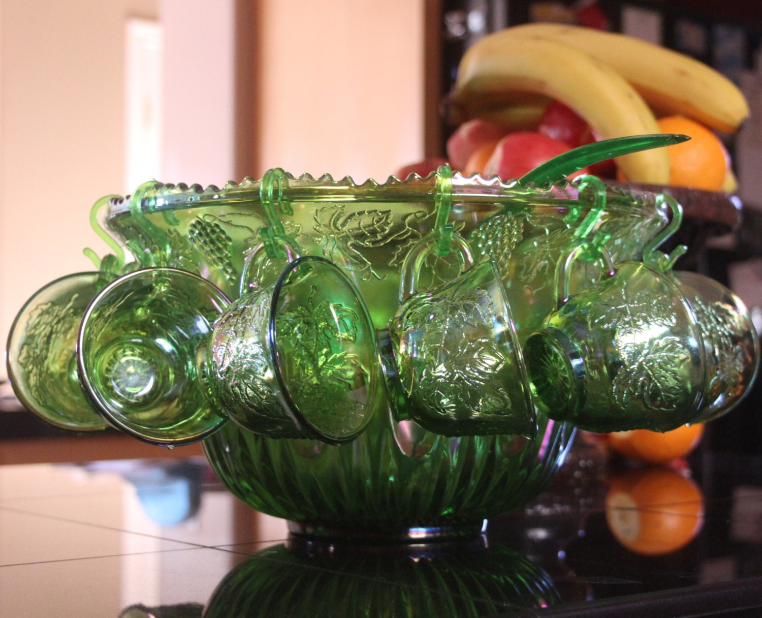 Carnival Glass Punch Bowl Princess Set In Carnival Green 8208