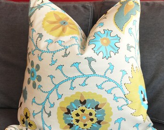 Pillow Cover, Decorative Pillow, Throw Pillow, Toss Pillow, Turquoise Suzani, Chartreuse, Brown, 18x18 inch, Home Furnishing, Home Decor