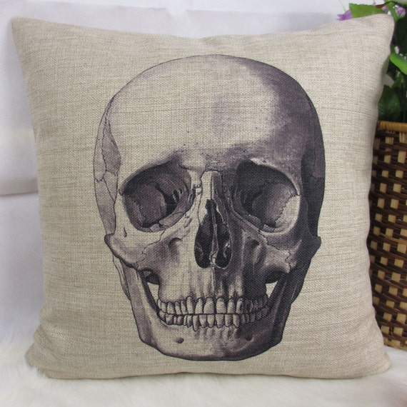 1 cotton linen cool Skull Pillow Case / retro style home decor cushion case 18"