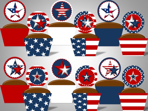Patriotic - Red, White & Blue Cupcake Wrappers and Toppers - July 4th - Memorial Day - Flag Day - DIY Printable Party Decorations Il_570xn