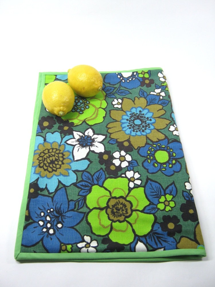 Vintage cotton dish drying mat Navy blue and lime green