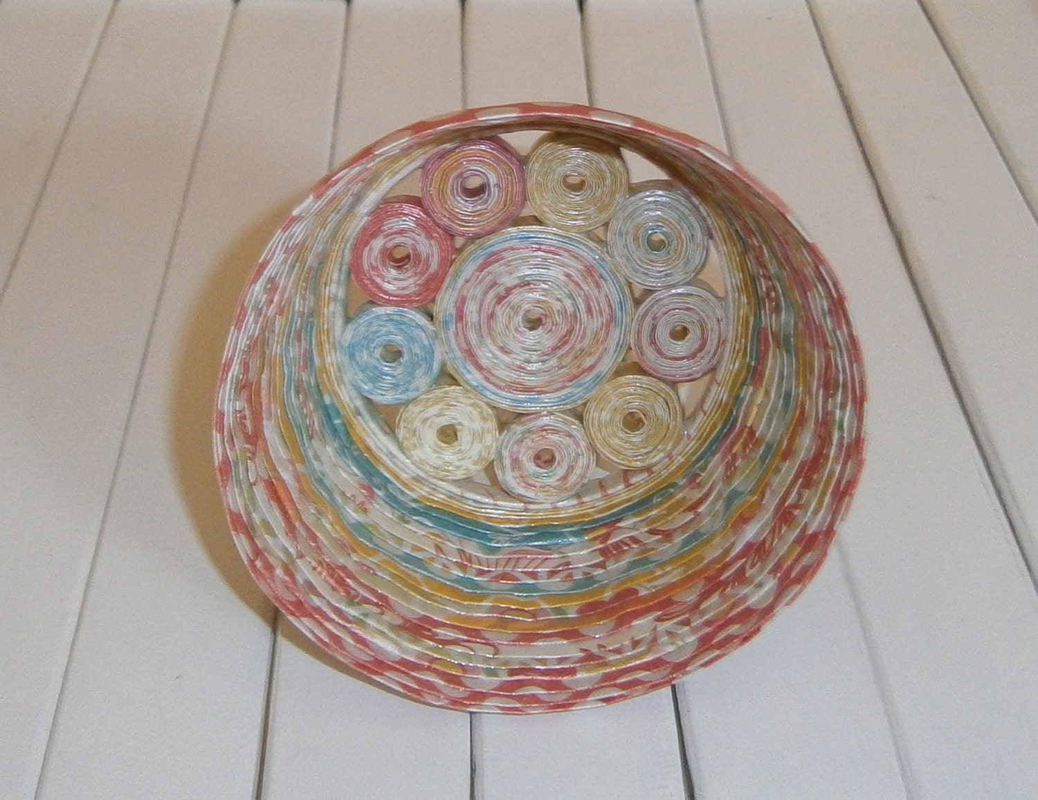 Coiled Paper Basket / Bowl Handmade Cheerful Multicolored