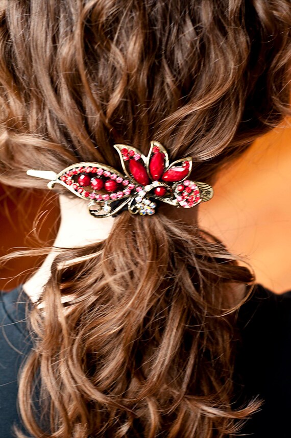 Red Vintage Flower Jeweled Hair Clip Wedding Hair by TreenaBean