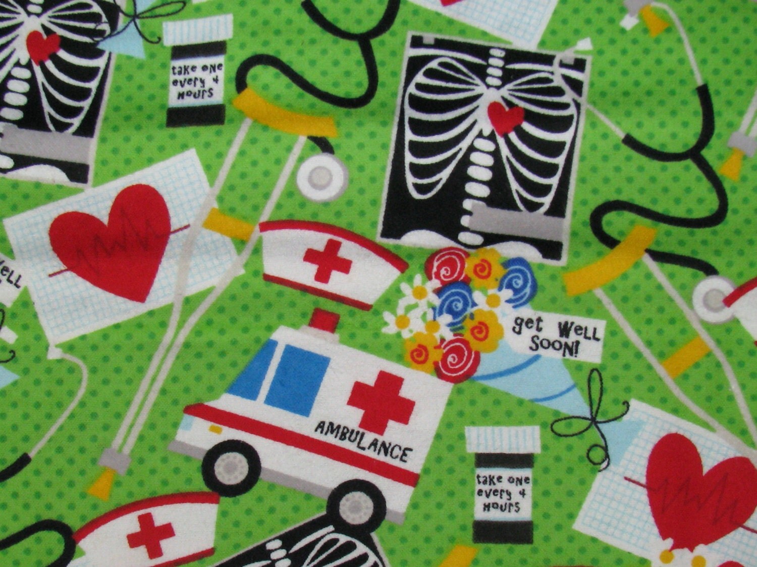 Get Well flannel fabric medical theme xray stethoscope