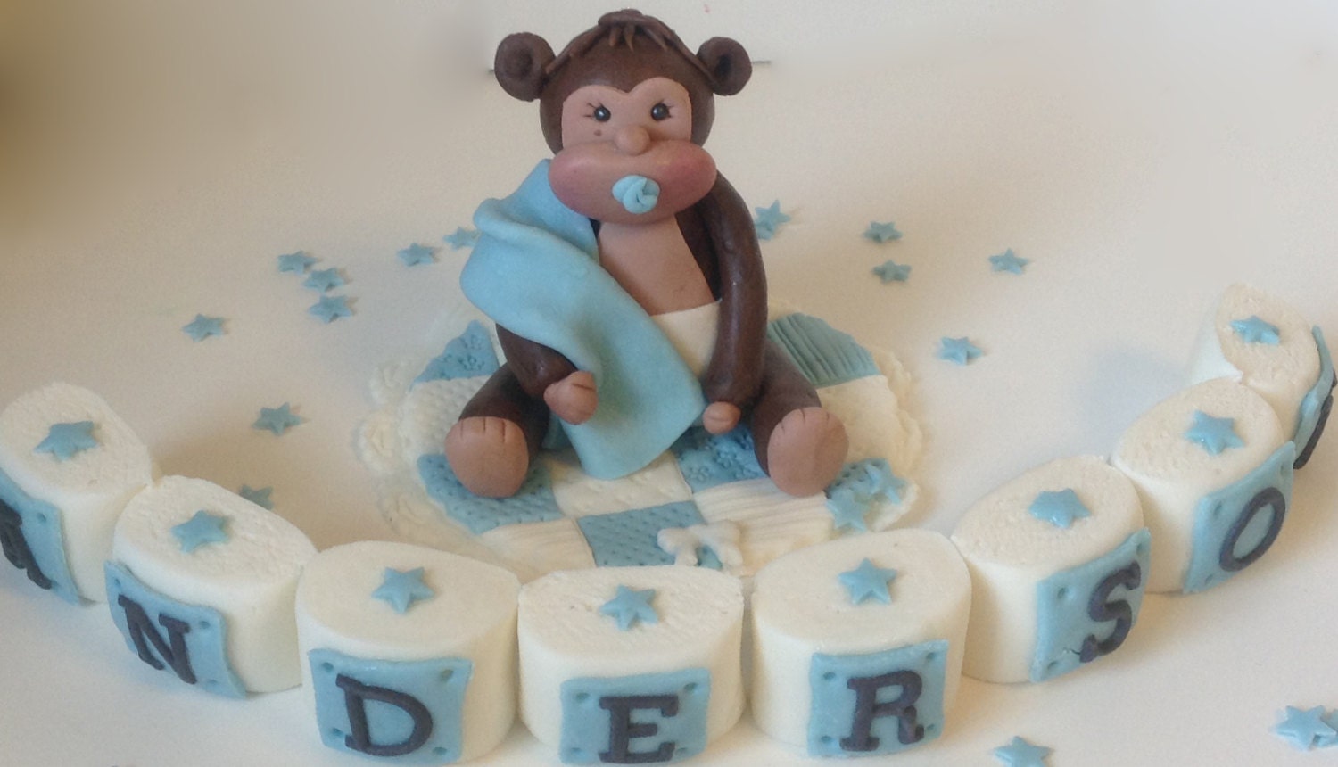 SAFARI CAKE TOPPER Baby Monkey with letter name blocks flowers