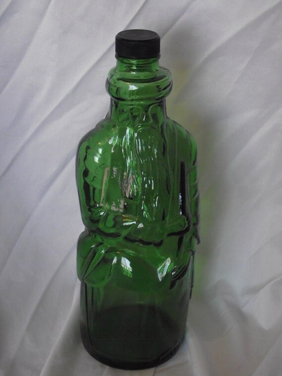 Items similar to Vintage Green Glass Liquor Bottle in Oriental Man