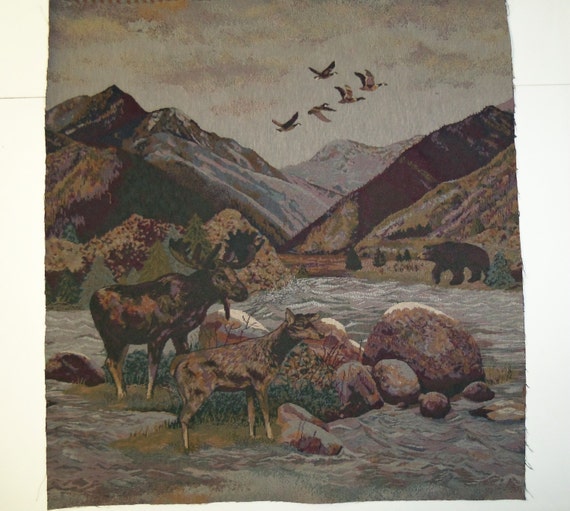 Moose+And+Bear+Fabric Tapestry Fabric Moose Bear Geese Cabin Lodge Woodlands 4 Large Panels ...