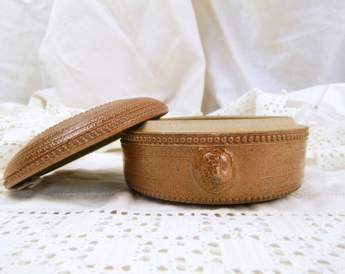 Vintage French Stonware Salt Glazed Trinket Box with Lions Heads / French Rural Decor / Country Decor / Ceramics / European / Retro Home