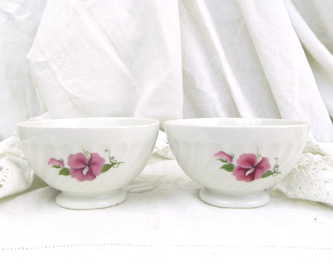 REDUCED TO CLEAR 2 Vintage French White Bone China Cafe au Lait Bowl, with a Sweet Pea Flower Motif / French Country Decor / Retro Vintage