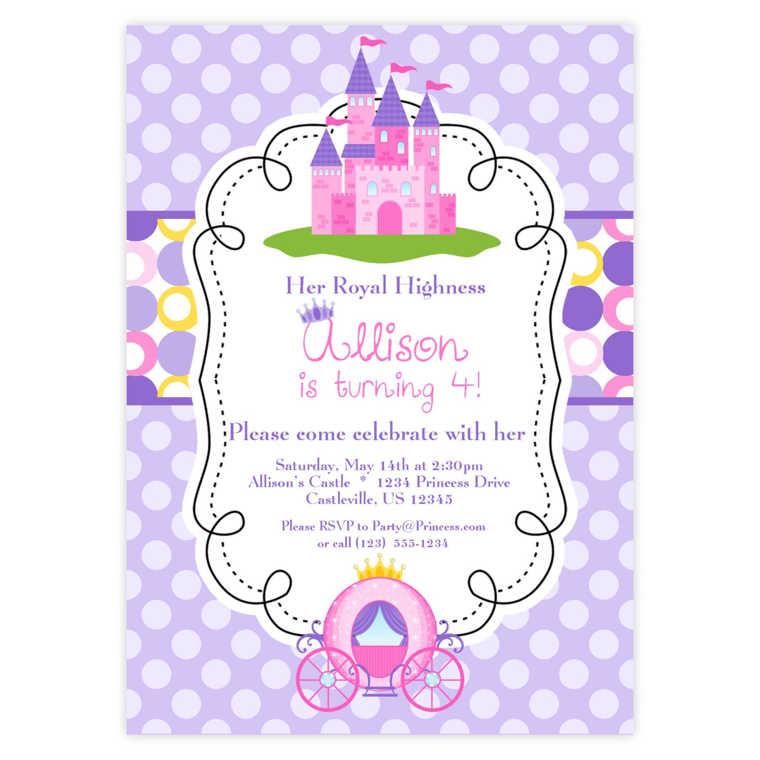  Princess Invitation Purple and Pink Polka Dots Royal