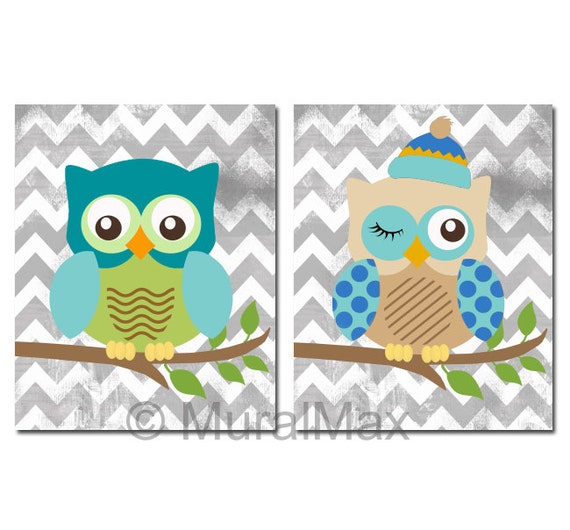 Nursery Owl Print wall art Set of two 8x 10 Boys