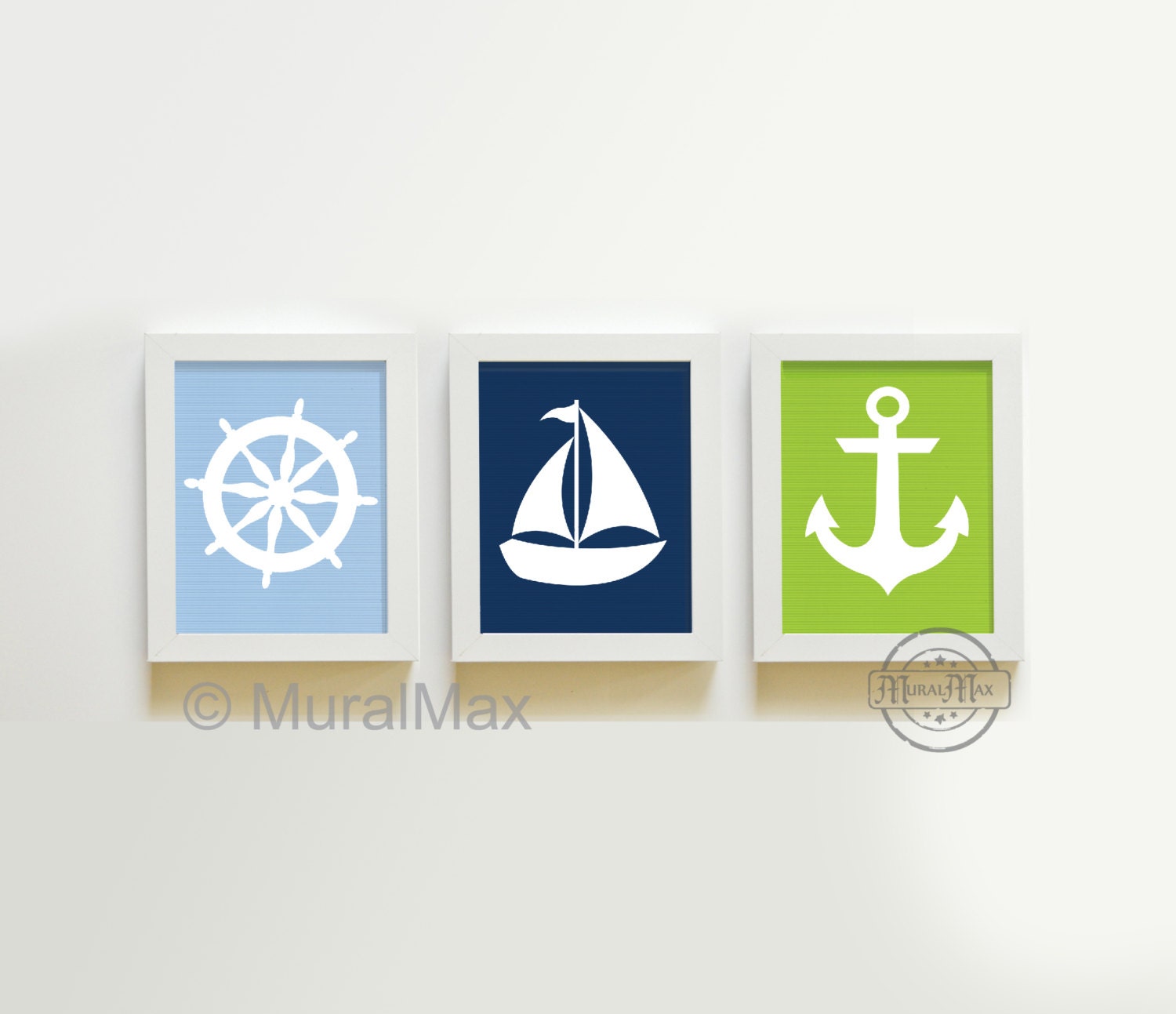 Nautical print set 4 art prints Sailboat Ships wheel