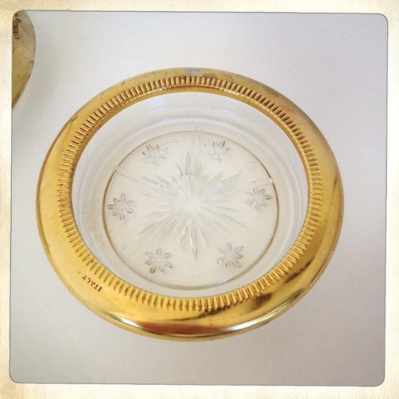 vintage coasters pressed glass starburst gold tone rim Italy