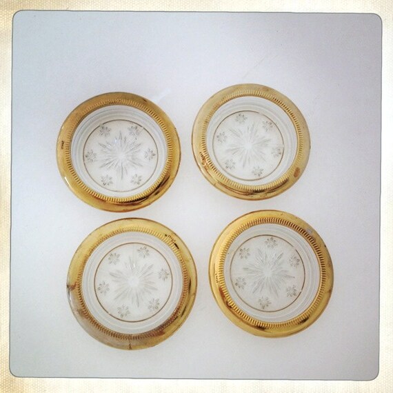vintage coasters pressed glass starburst gold tone rim Italy