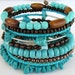 Wide Turquoise Blue and Brown, Beaded Memory Wire Bracelet, Flexible Bangle, Cuff, Stacked, Wrap Around Bracelet