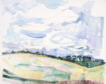 Original Watercolor Painting, Rustic Landscape Watercolor, Fields