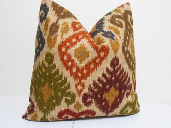 Items similar to Red- Purple- Green- Blue - Brown Ikat Pillow Cover- Dualee Ikat Fabric ...
