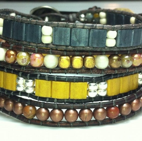 Copper leather single wrap beaded bracelet. Single wrap leather cuff bracelet. One of a kind.