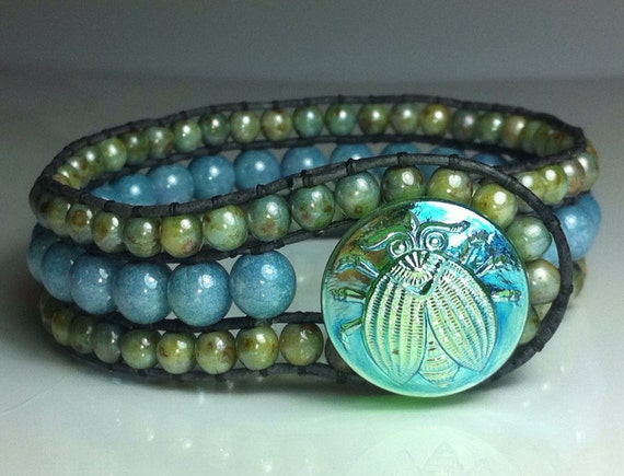 Spring Blues and Greens - lovely triple row beaded cuff bracelet with special czech glass button