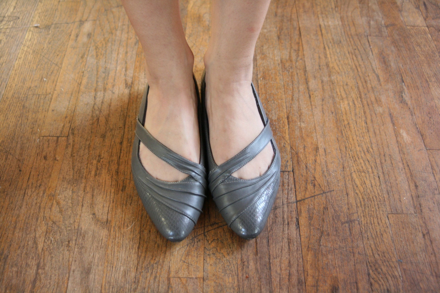 gray snakeskin flats