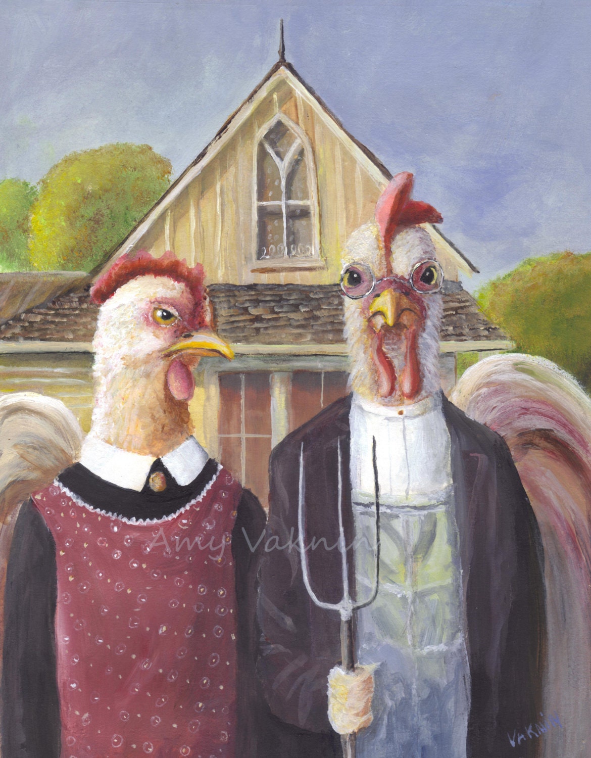 Chicken Painting/ Rooster and Hen/ whimsical animals/