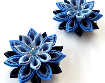 Kanzashi Fabric Flowers. Set of 2 hair clips. Shades of blue