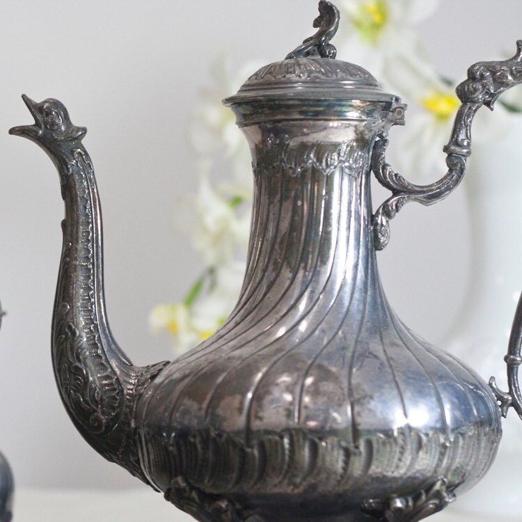 Antique Victorian Tea Set Silver Plated Pewter Vintage Tea or