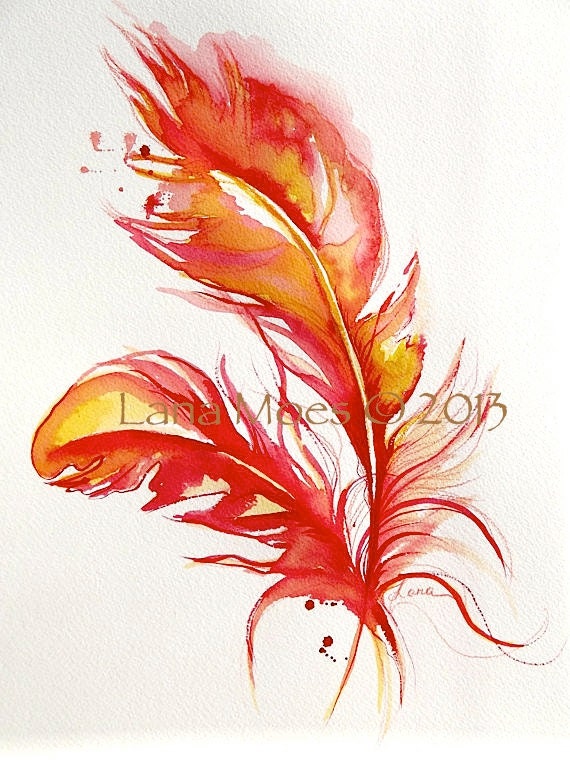 Original Abstract Firebird Feathers Watercolor Painting