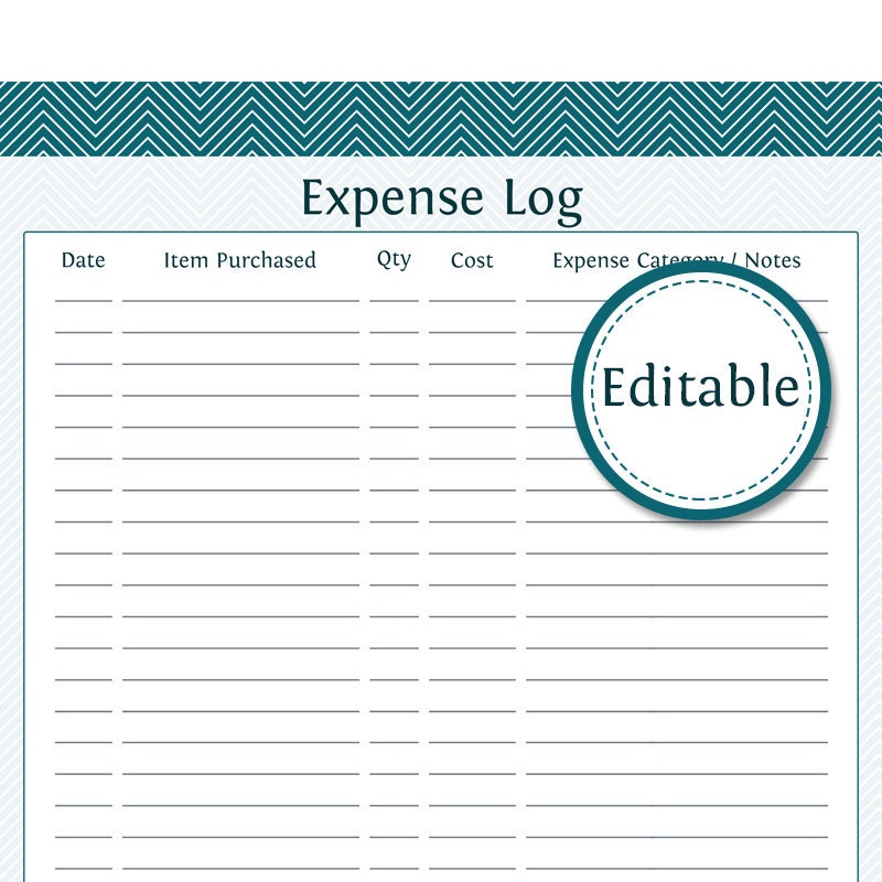 Expense Log Fillable Instant Download Finance Printable