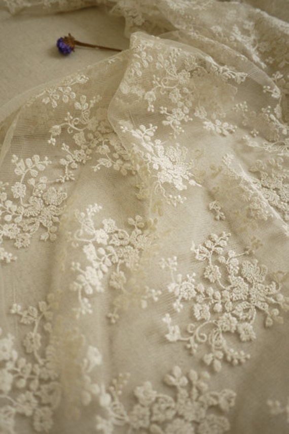 Ivory Bridal Lace Fabric Retro Embroidered Lace Chic Wedding