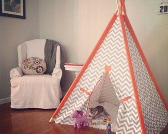 Chevron Teepee with Solid Orange Sleeves 44" Size Pick your colors Made to Order Play Tent