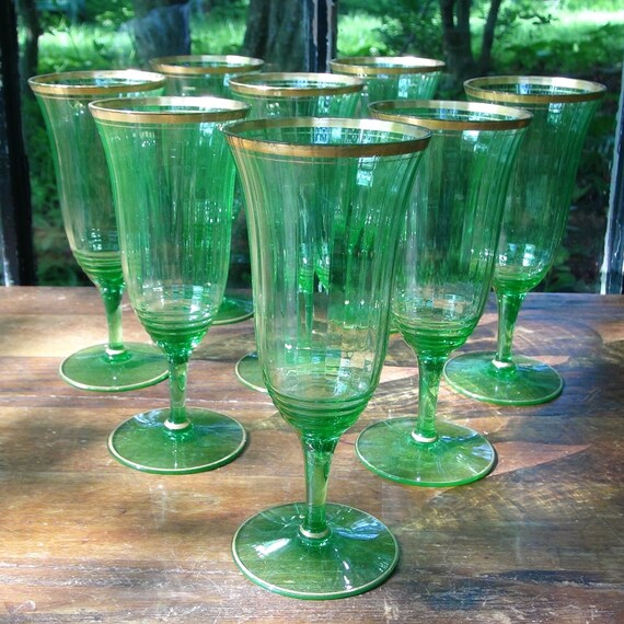 Set of 8 Vintage Crystal Goblets / Green Goblets by ThistleBleu