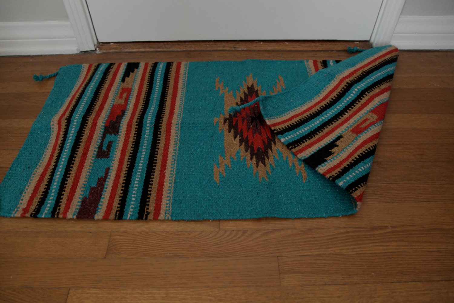 Turquoise Aztec / Navajo Geometric Rug / Saddle Blanket
