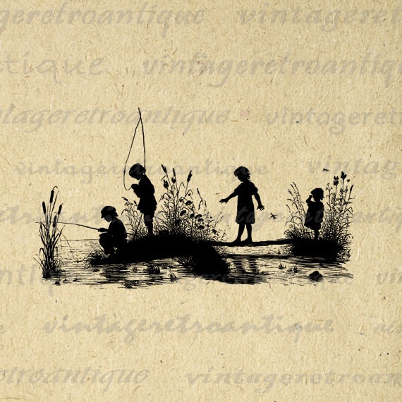 Children Fishing Silhouette Graphic Digital Printable Boy Girl Fish  Download Image Artwork Antique Clip Art HQ 300dpi No.3271 – Vintage Retro  Antique