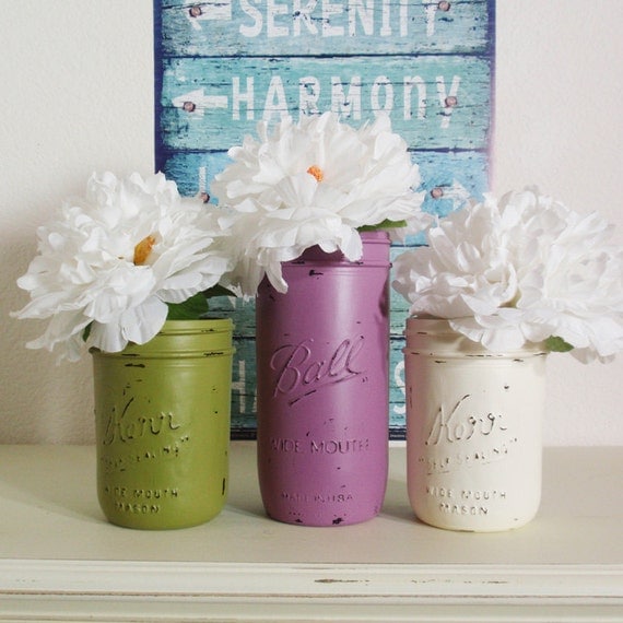 3- Hand Painted Pint And Pint & A Half Mason Jar Flower Vases- Mom's Garden Collection-Country Decor-Cottage Chic-Shabby Chic-French Chic