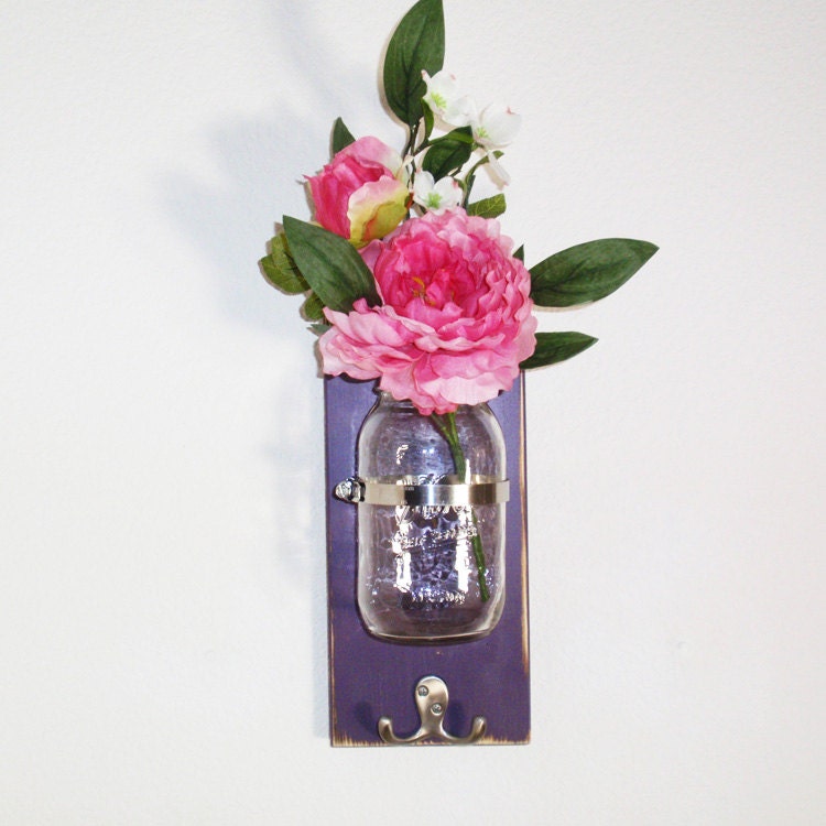 Large Quart Mason Jar Wall Flower Vase Double Hook Key