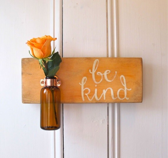Hanging Wall Flower Vase, Antique Bottle, Be Kind, Amber Bottle, Copper Hanger, Home Decor, Cottage, Hand painted, Peach