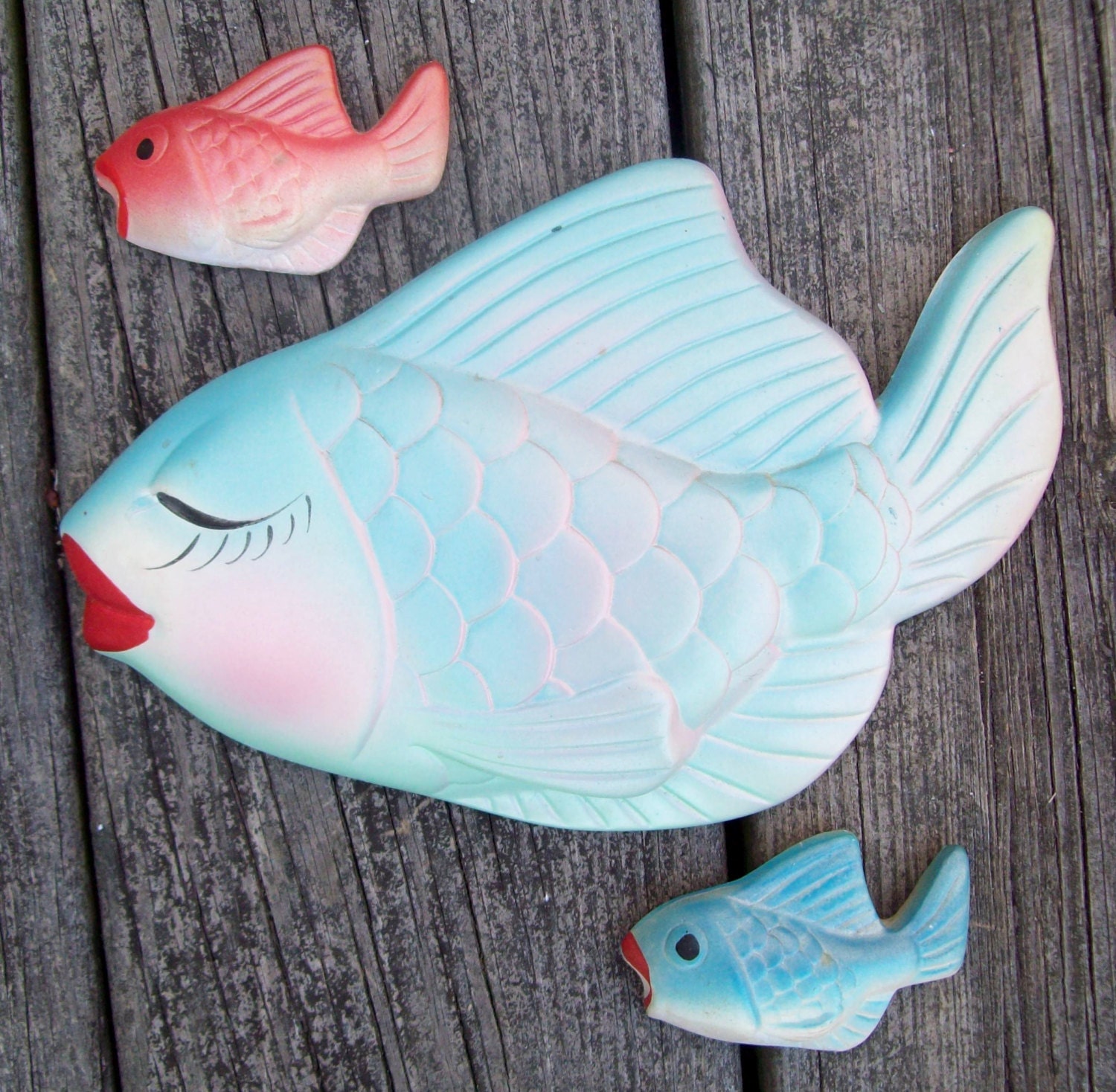 Vintage Chalkware Plaster Fish Plaques Wall Hangings