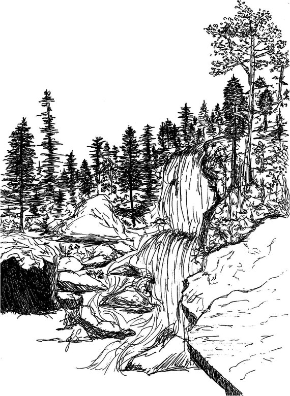 Rocky Mountains Waterfall Ink Sketch art print 8x10