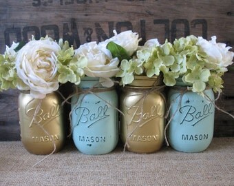 SALE!!! Set of 4 Pint Mason Jars, Ball jars, Painted Mason Jars, Flower Vases, Rustic Wedding Centerpieces, Gold and Mint Mason Jars