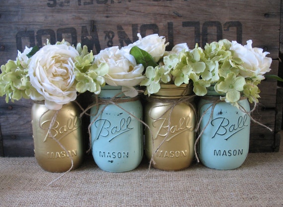 Mason Jars, Ball jars, Painted Mason Jars, Flower Vases, Rustic Wedding Centerpieces, Gold and Mint Mason Jars